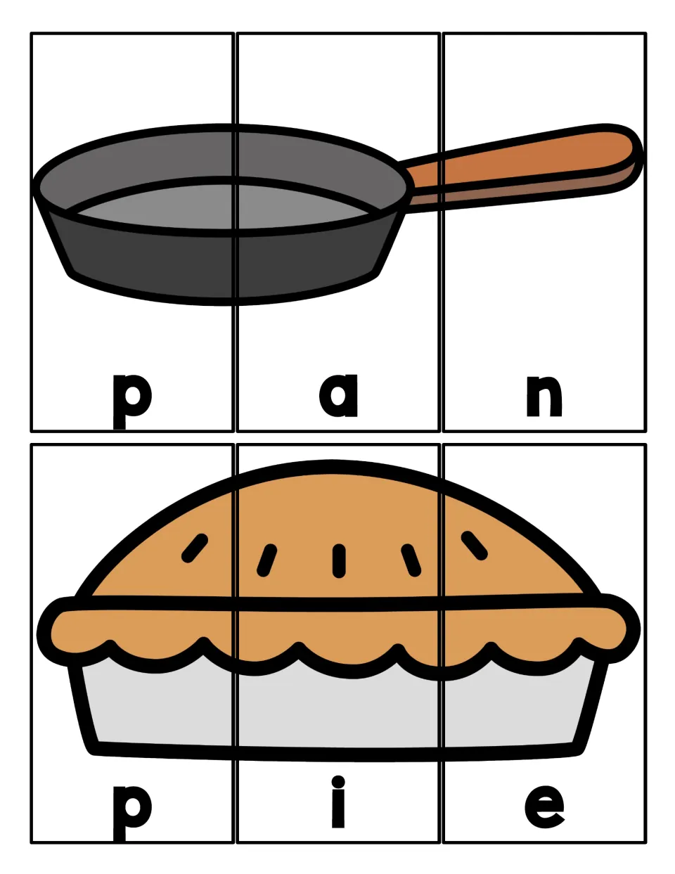 Spelling pan and pie: students cut each picture into letter strips, then rebuild it in order p-a-n and p-i-e
