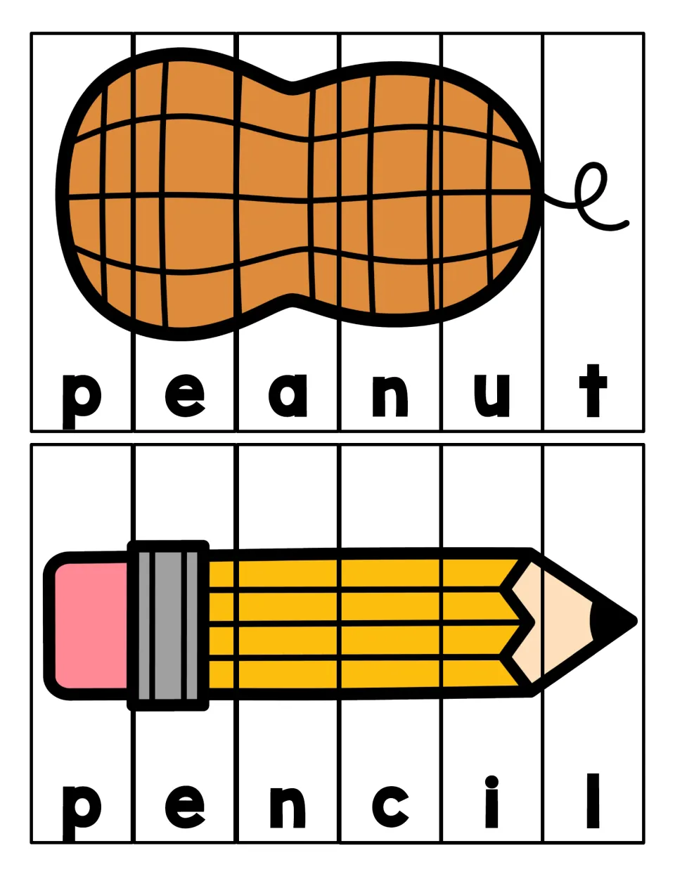 Spelling peanut and pencil: students order six letter strips per picture to rebuild each P word and its image