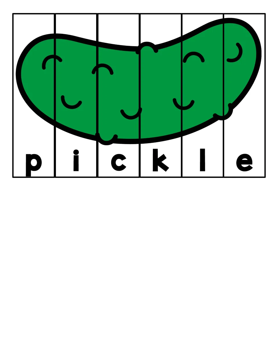 Spelling pickle: students cut out six letter strips under a green pickle picture and sequence p-i-c-k-l-e