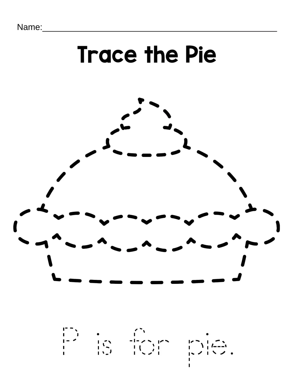 Trace the Pie: students trace a dashed pie with a fluted crust and whipped topping, then trace the sentence P is for pie.