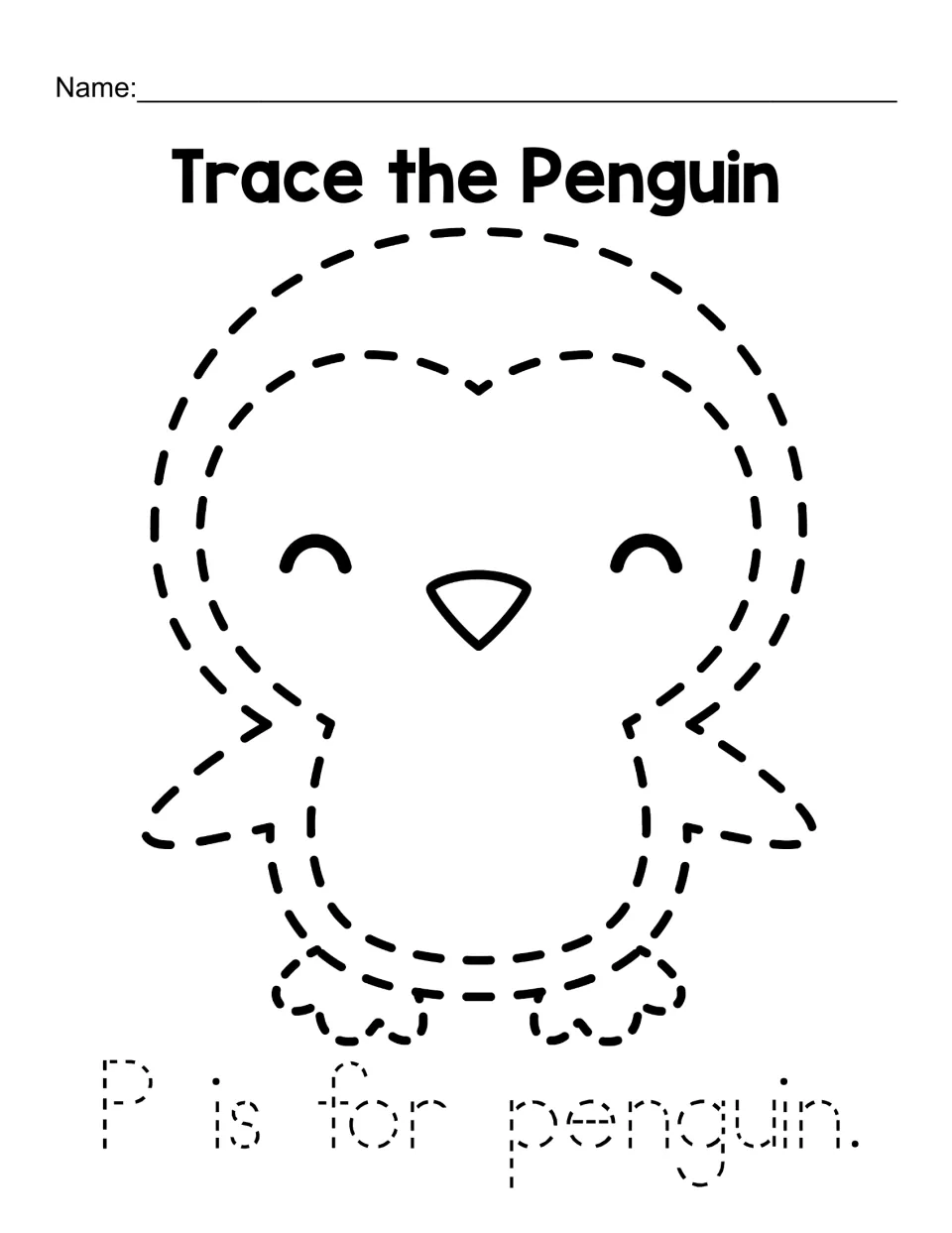 Trace the Penguin: students trace a dashed penguin's body, wings and feet, then trace the sentence P is for penguin.