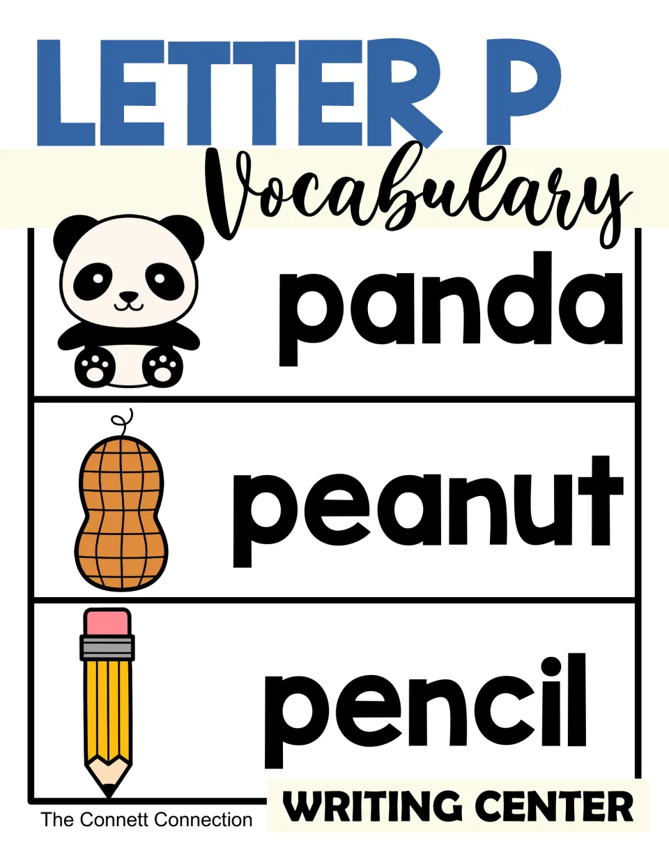 Letter P vocabulary cover for a writing center, showing picture cards for panda, peanut and pencil beside each word