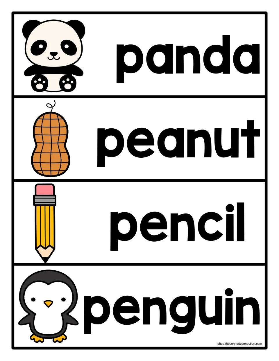 Letter P picture-word cards: panda, peanut, pencil and penguin, each word in bold print beside its matching picture