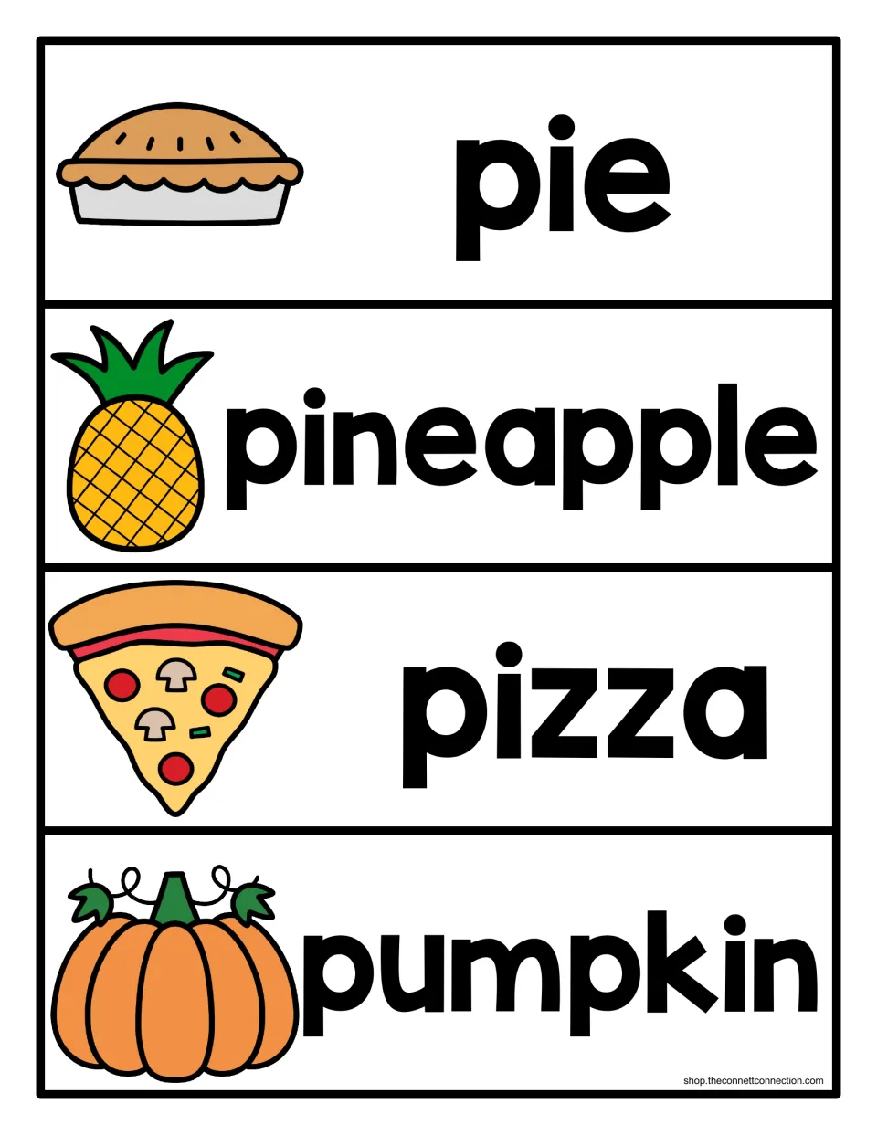 Food words that start with P: picture cards for pie, pineapple, pizza and pumpkin with each word printed in bold