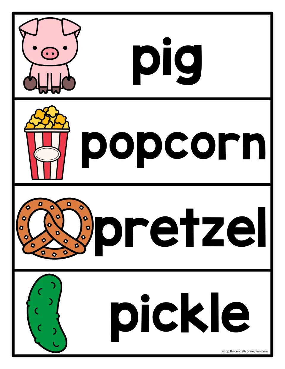 Initial P sound picture cards for pig, popcorn, pretzel and pickle, each pairing a bold word with its drawing