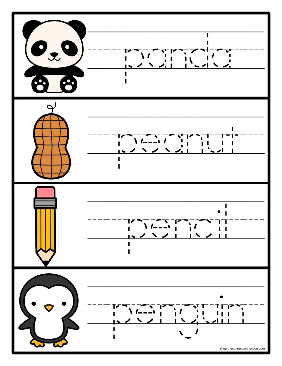 Tracing practice for P words: students trace the dotted words panda, peanut, pencil and penguin beside each picture