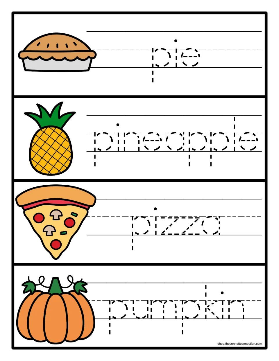 Handwriting practice: students trace the dotted words pie, pineapple, pizza and pumpkin next to each food picture