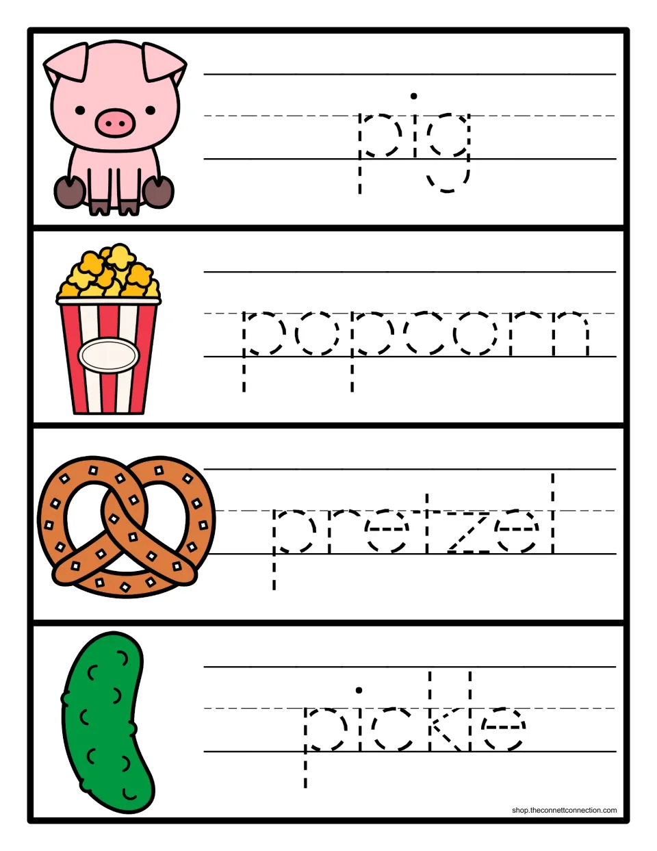 Word tracing for letter P: students trace dotted pig, popcorn, pretzel and pickle to practise letter formation