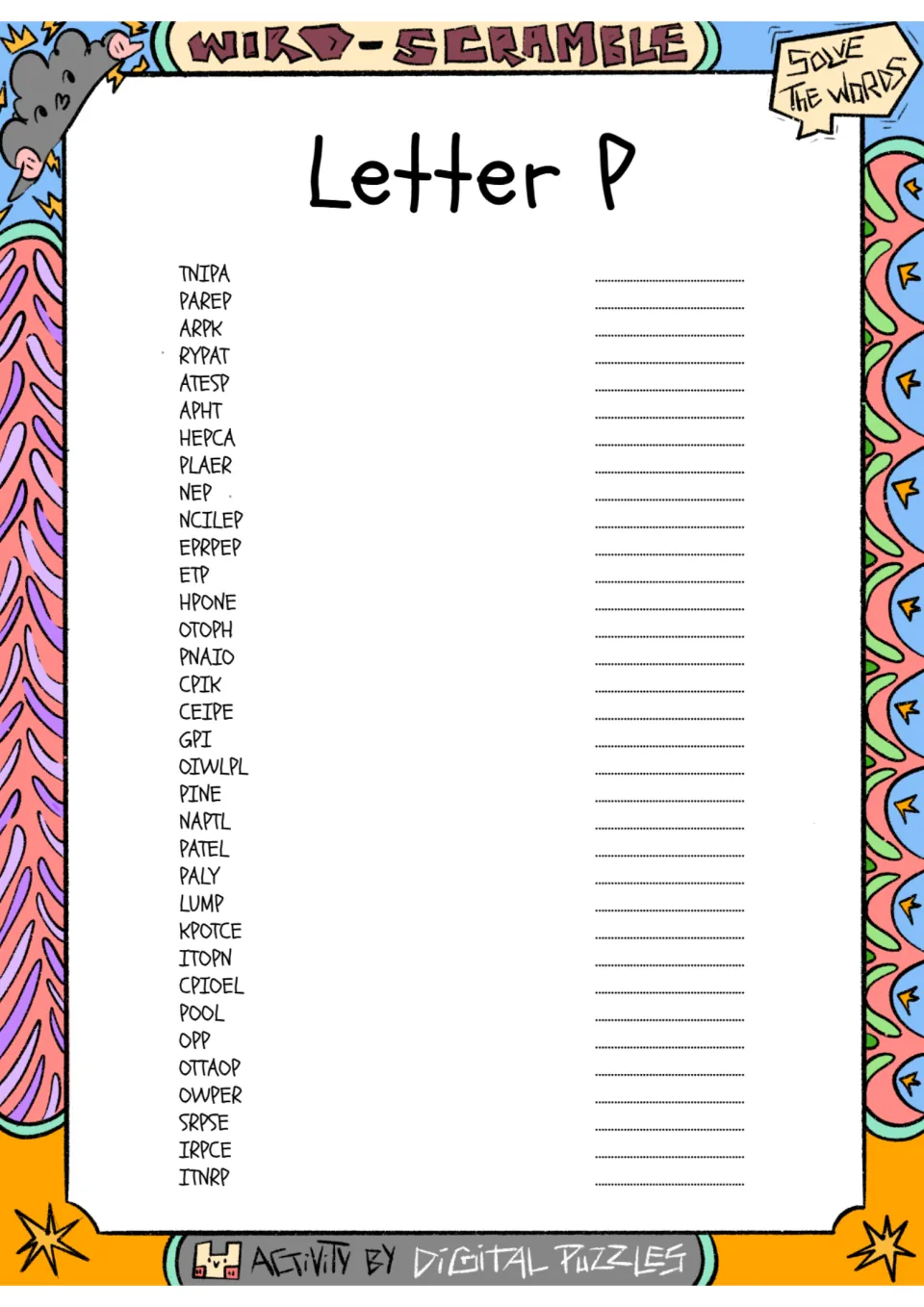Letter P word scramble practice with 34 scrambled words, including TNIPA, PAREP, ARPK, RYPAT, and ATESP.