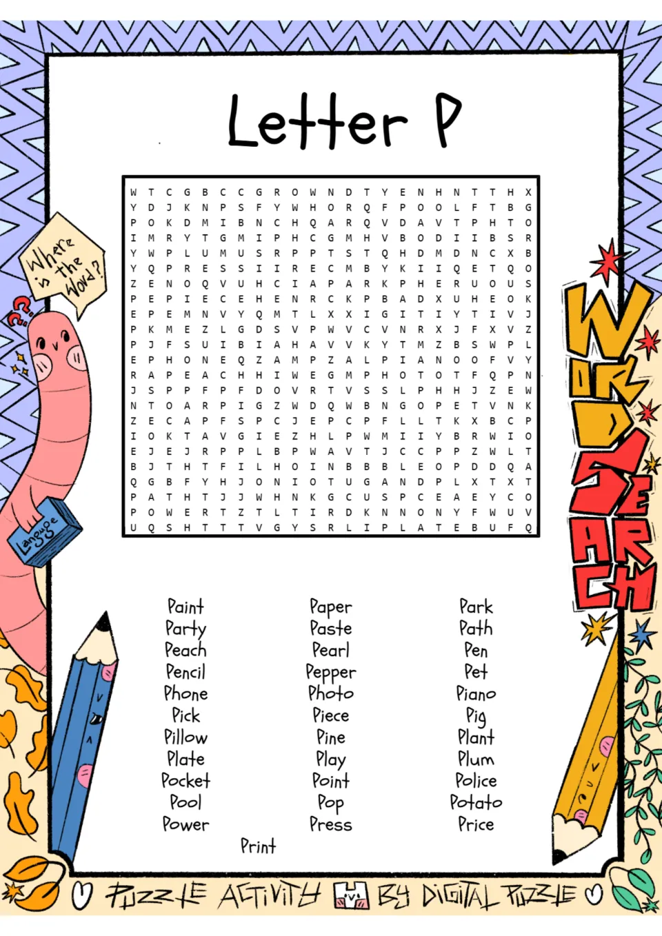 Letter P word search puzzle with 34 words to find, including paint, pencil, pepper, piano, and potato.