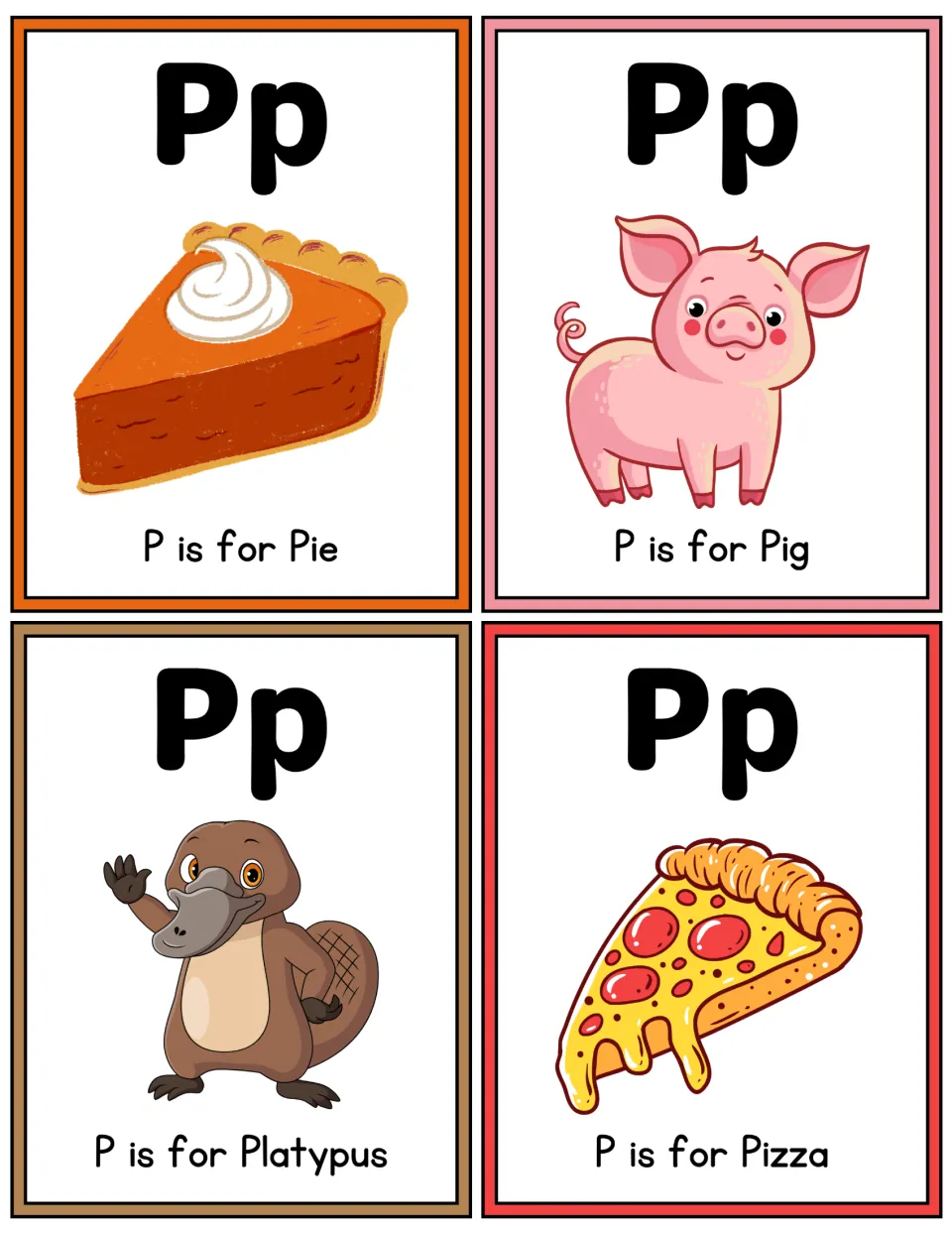 Letter P color flashcards: Pp with pictures for P is for Pie, Pig, Platypus and Pizza to build letter-sound recognition