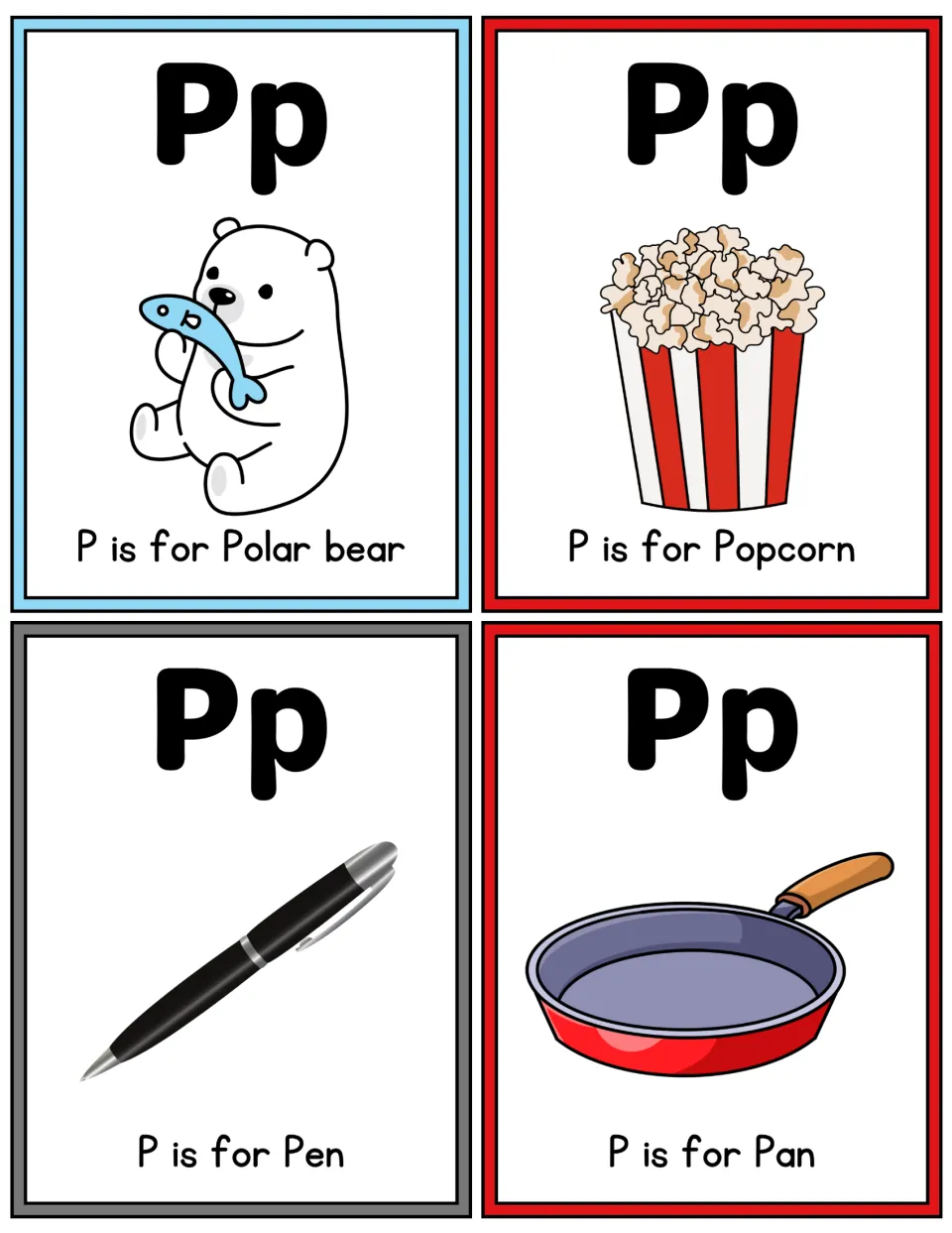 Letter P color flashcards: Pp cards showing P is for Polar bear, Popcorn, Pen and Pan to match the p sound to pictures