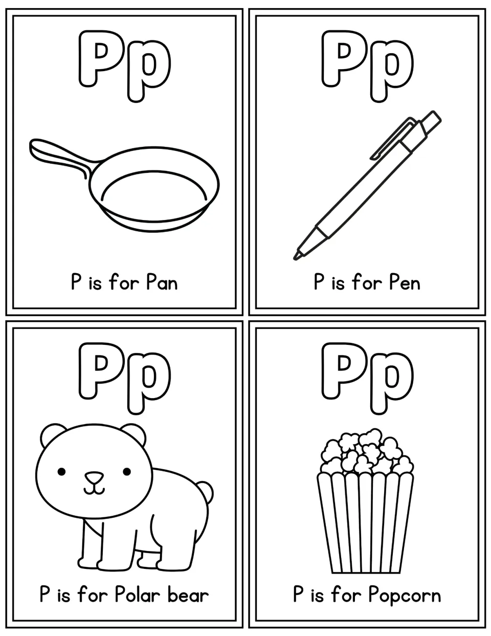 Letter P coloring flashcards: students color Pp cards for Pan, Pen, Polar bear and Popcorn, saying each p word