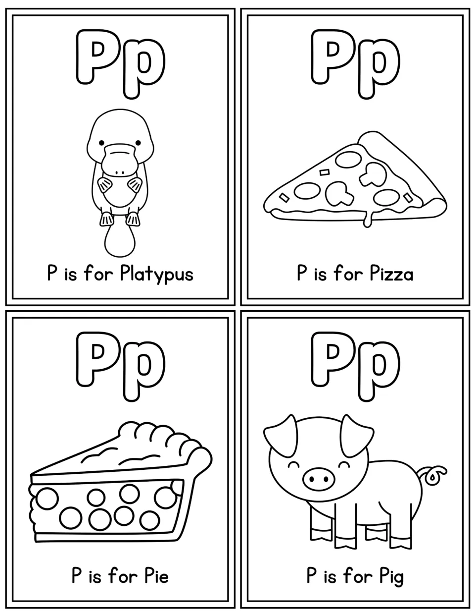 Letter P coloring flashcards: students color Pp cards for Platypus, Pizza, Pie and Pig while naming the beginning sound