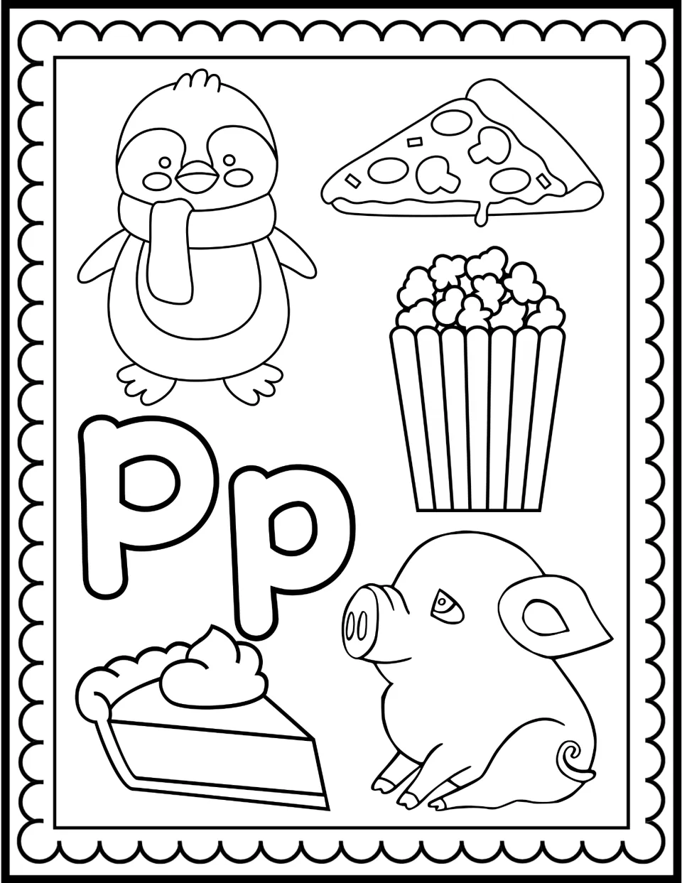 Letter P coloring page: students color a Pp with a penguin, pizza, popcorn, pig and pie that all begin with the p sound