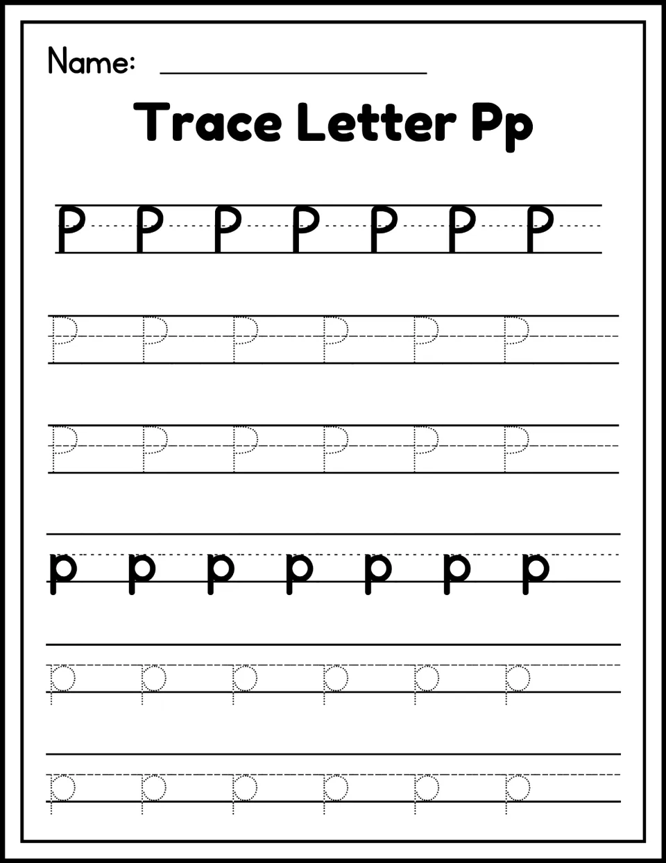 Trace Letter Pp: students trace rows of dotted uppercase P and lowercase p, following a solid model row