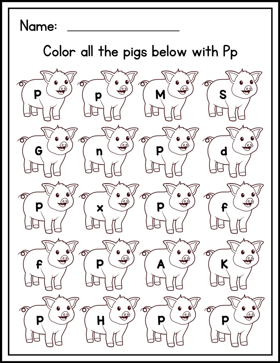 Letter recognition: students color only the pigs labeled P or p among 20 pigs showing other letters like M, S, G, d and K