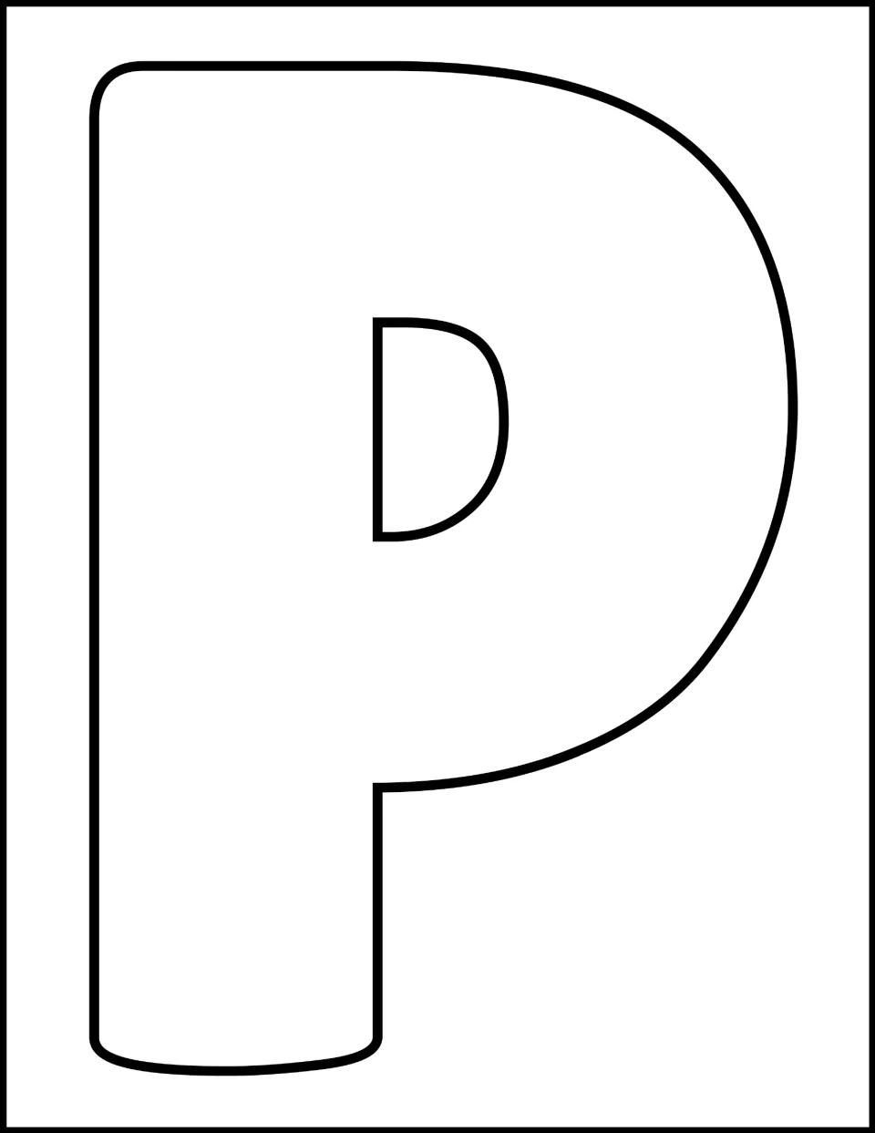 Letter P template: one large outlined uppercase P for students to color or decorate to practise the capital P shape