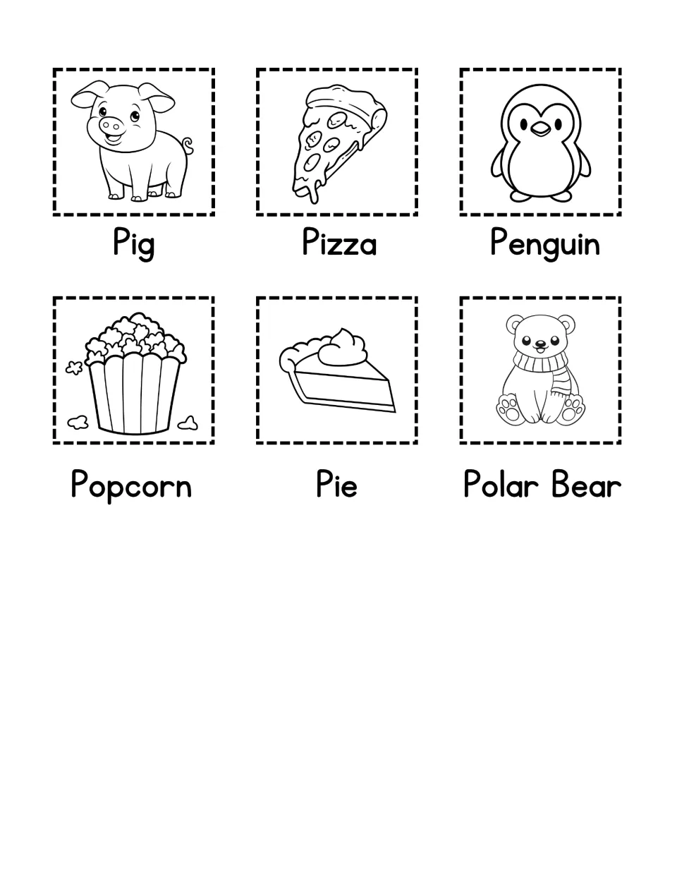 P word picture cards to cut out: pig, pizza, penguin, popcorn, pie and polar bear, each labeled with its word