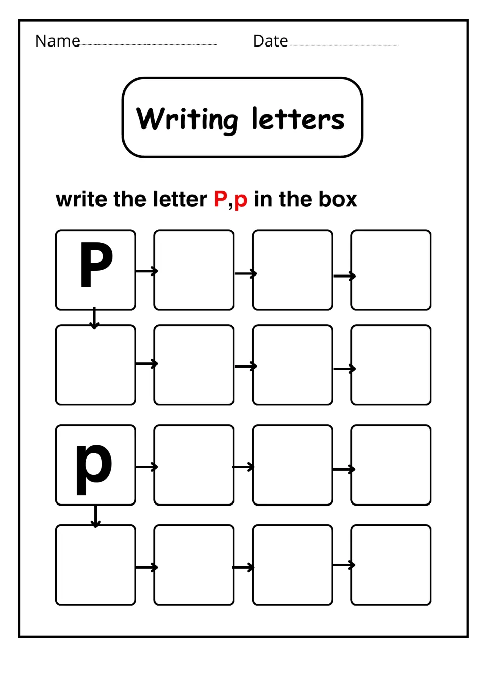 Writing letters: students copy uppercase P and lowercase p into seven boxes each, following arrows from a model letter