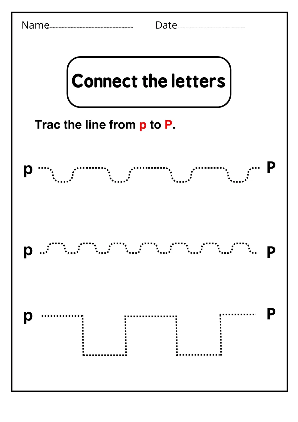 Connect the letters: students trace three dotted wavy and stepped paths from lowercase p to uppercase P