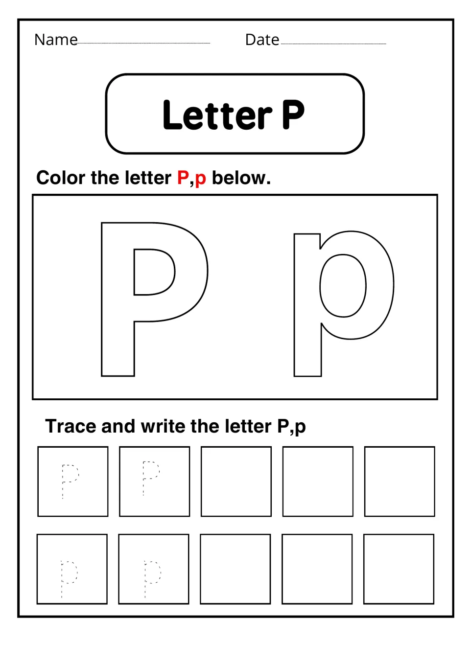 Letter P: students color large outlined P and p, then trace two dotted examples of each and write the letter on their own
