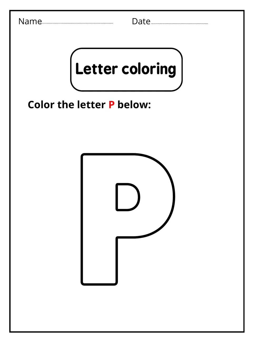 Letter coloring: students color in one large outlined uppercase P, following the prompt 'Color the letter P below'