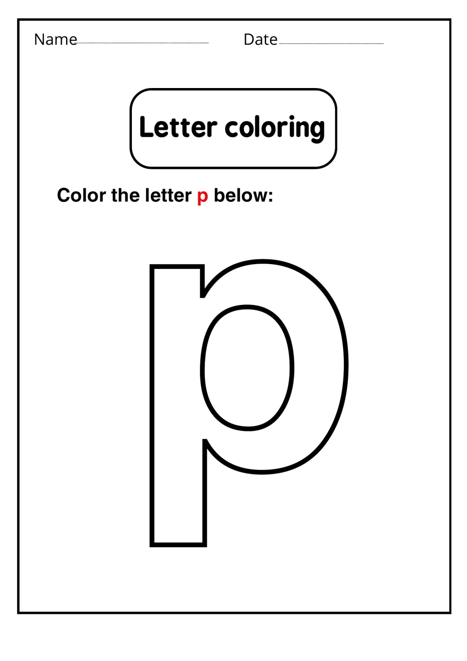 Letter coloring: students color in one large outlined lowercase p, following the prompt 'Color the letter p below'