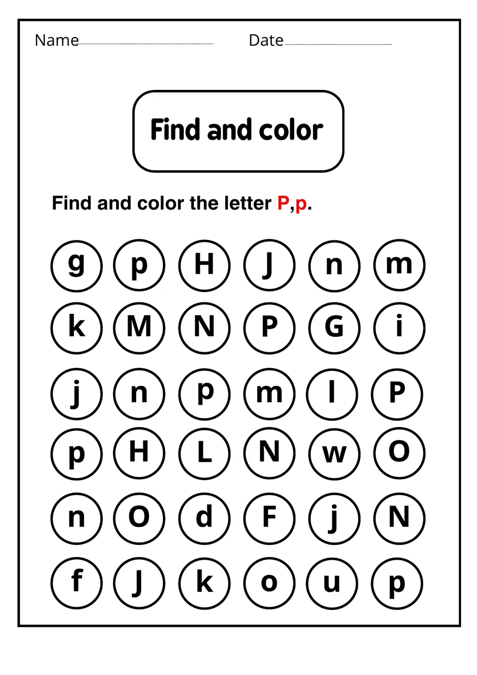 Find and color: students search 36 circled letters and color each uppercase P and lowercase p, practising letter recognition