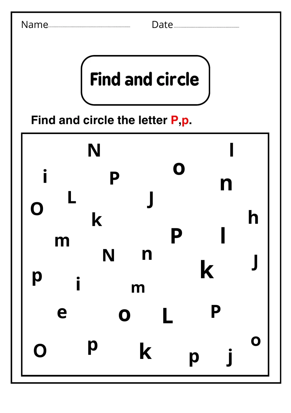 Find and circle: students hunt through scattered mixed letters and circle every P and p, practising letter identification