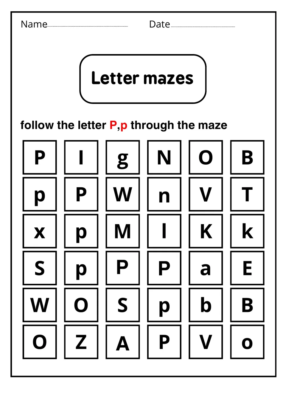 Letter mazes: students follow a path of P and p squares through mixed letters, from the top-left P down to the bottom row