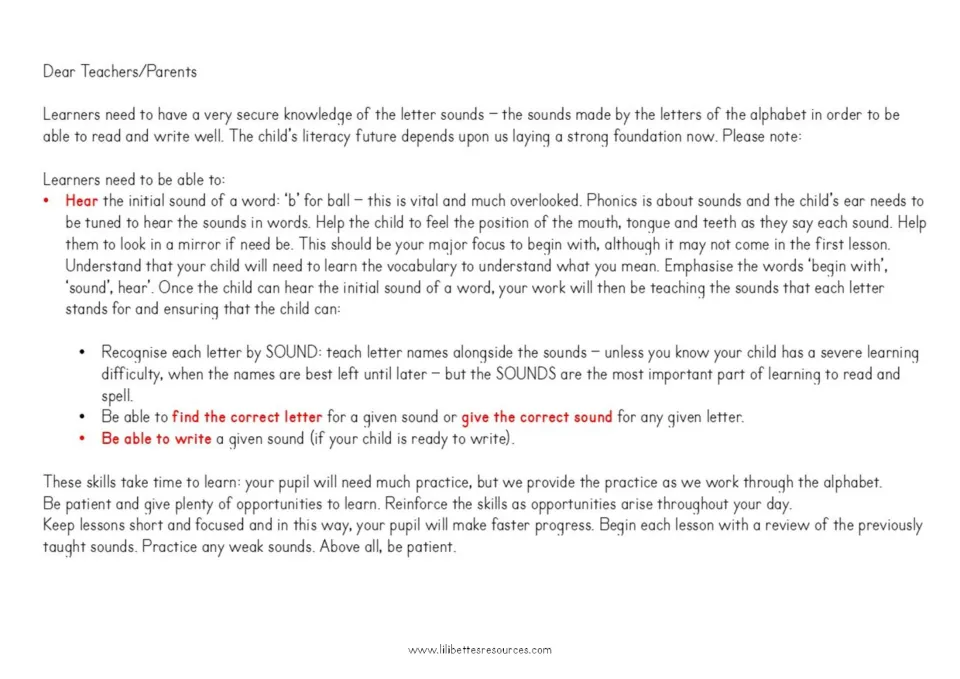 Letter to teachers and parents on teaching letter sounds: hearing initial sounds, matching letters to sounds, writing