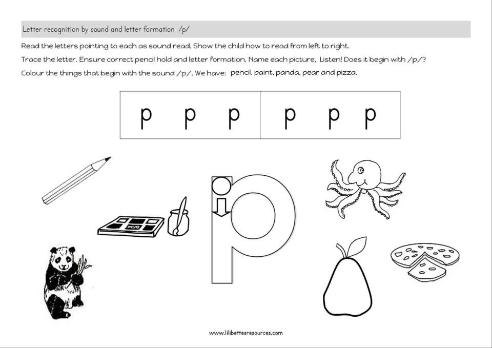 Letter p sound recognition: students read and trace p, name pictures and colour pencil, paint, panda, pear and pizza