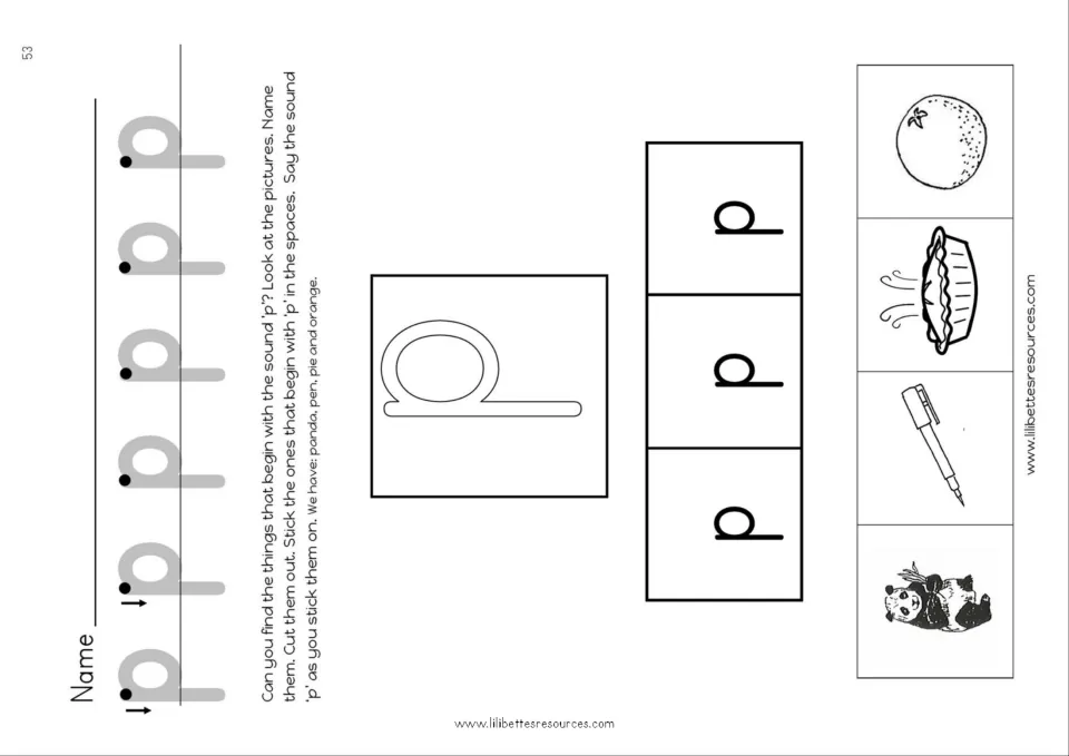 Cut and stick letter p sounds: students trace p, name orange, pie, pen and panda pictures, and stick the p ones on