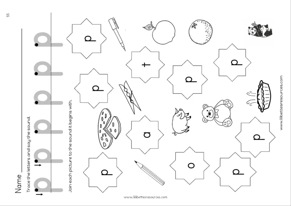 Matching pictures to beginning sounds: students trace p and join each picture to the letter it begins with