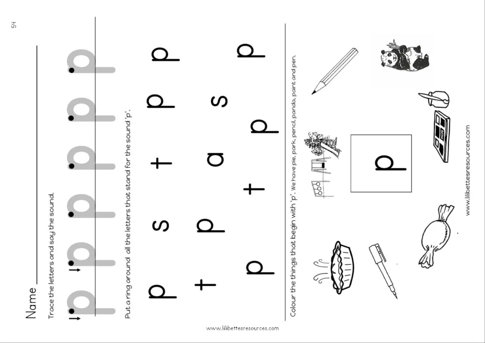 Letter p practice: students trace p, ring every p among other letters and colour pictures that begin with p