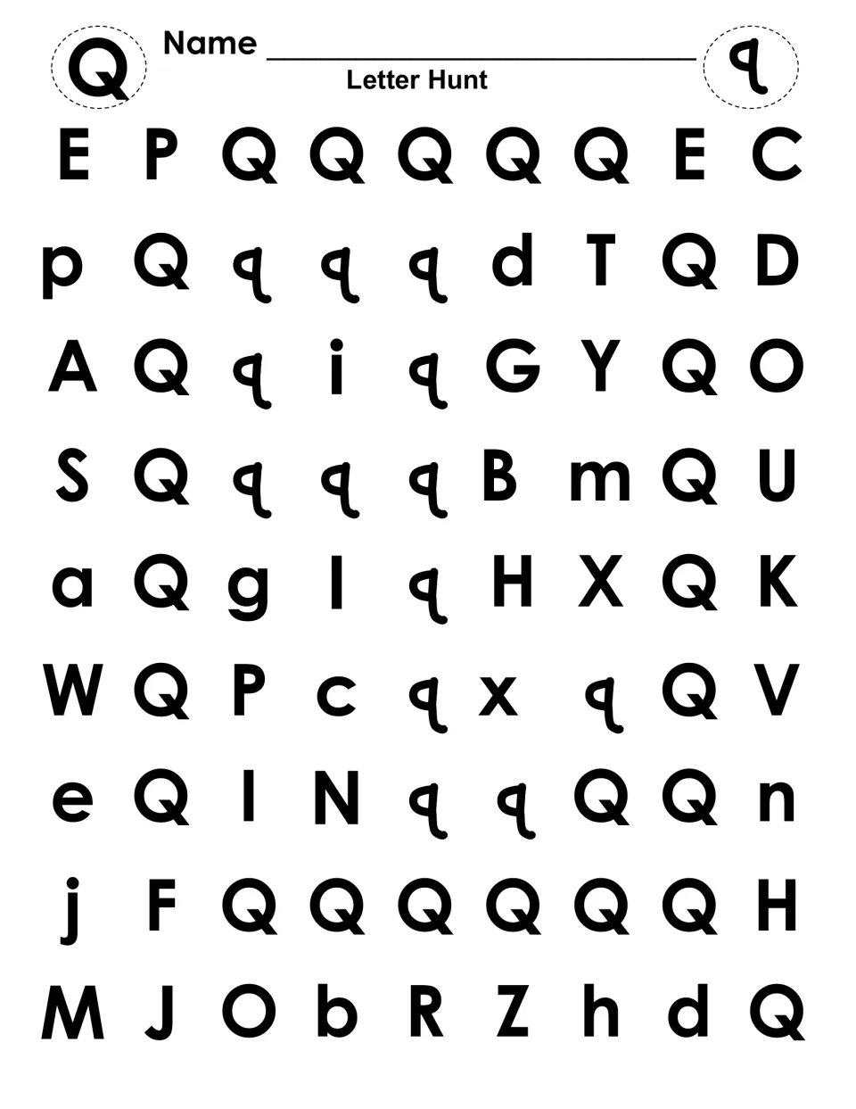 Letter Hunt for Q and q: students find and color uppercase Q and lowercase q among mixed letters to reveal hidden shapes