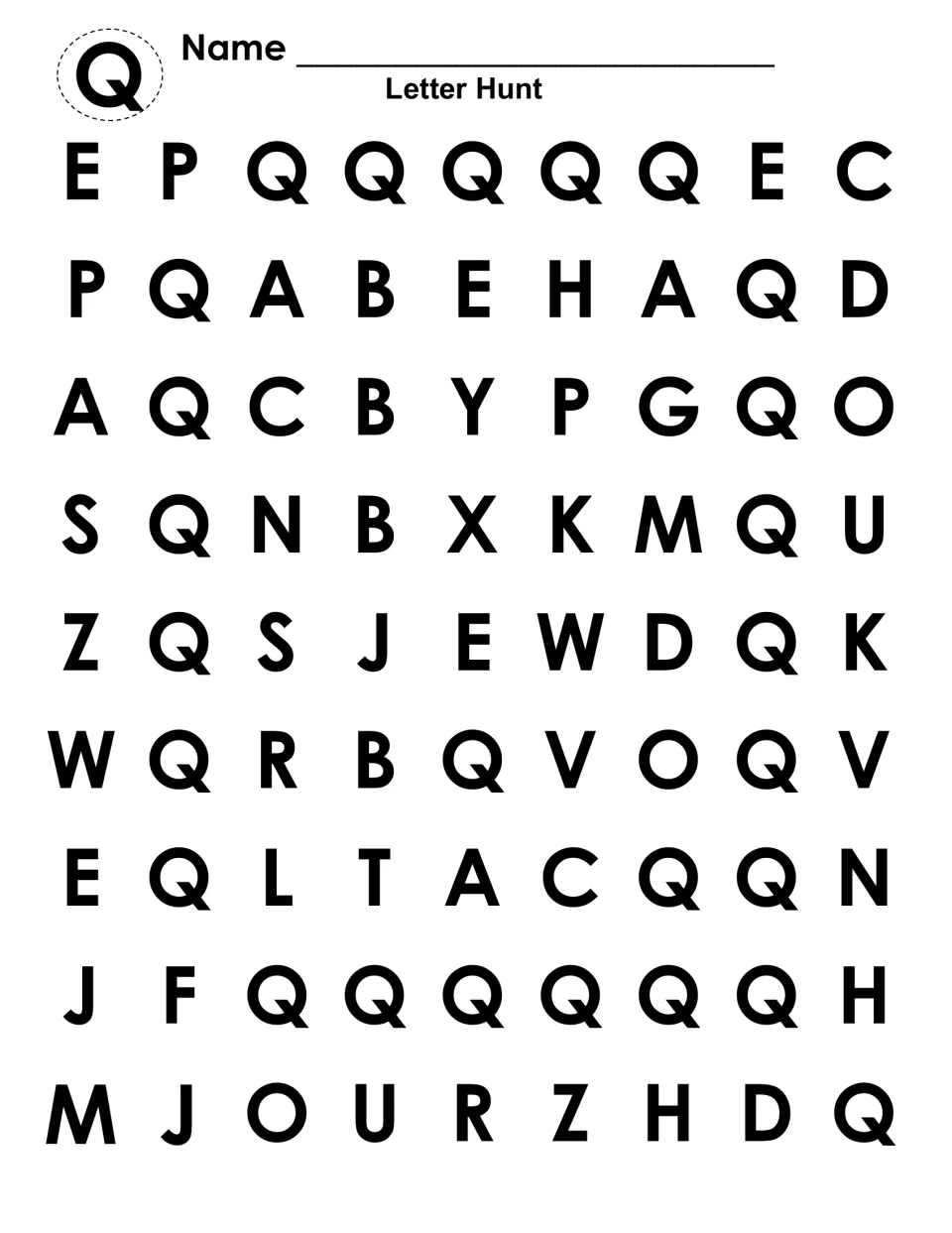Uppercase Q letter hunt: students spot and color each capital Q among other capital letters to uncover a large Q shape