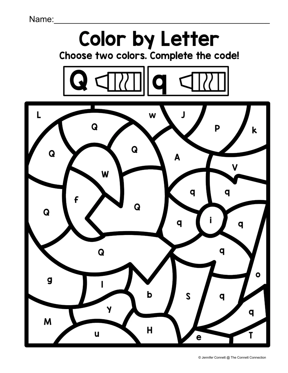 Letter Q color-by-code worksheet pairing a large uppercase Q and lowercase q, with a separate color for each