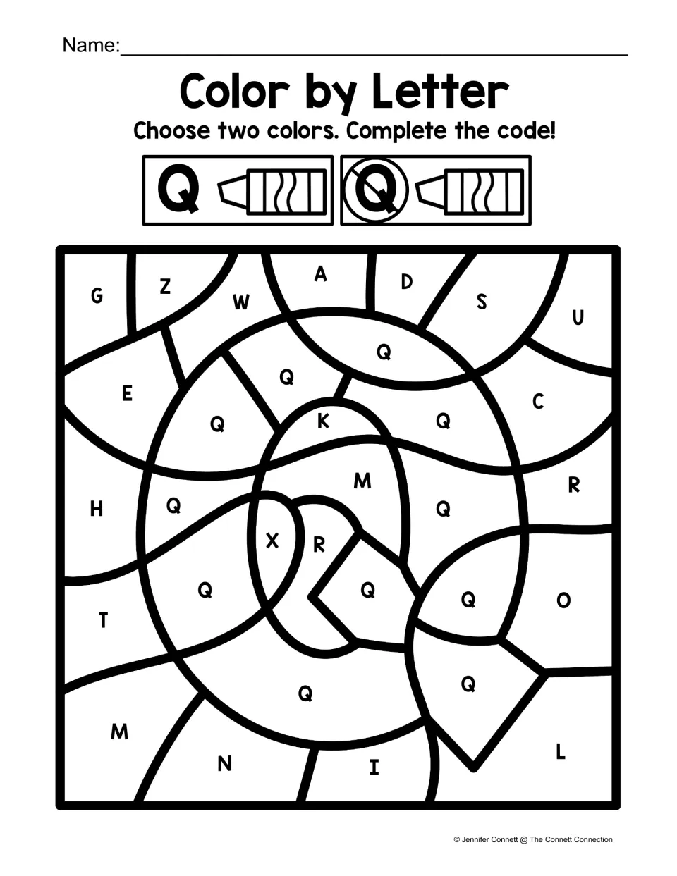 Uppercase Q color-by-code worksheet featuring a large Q, using one color for Q and another for other letters