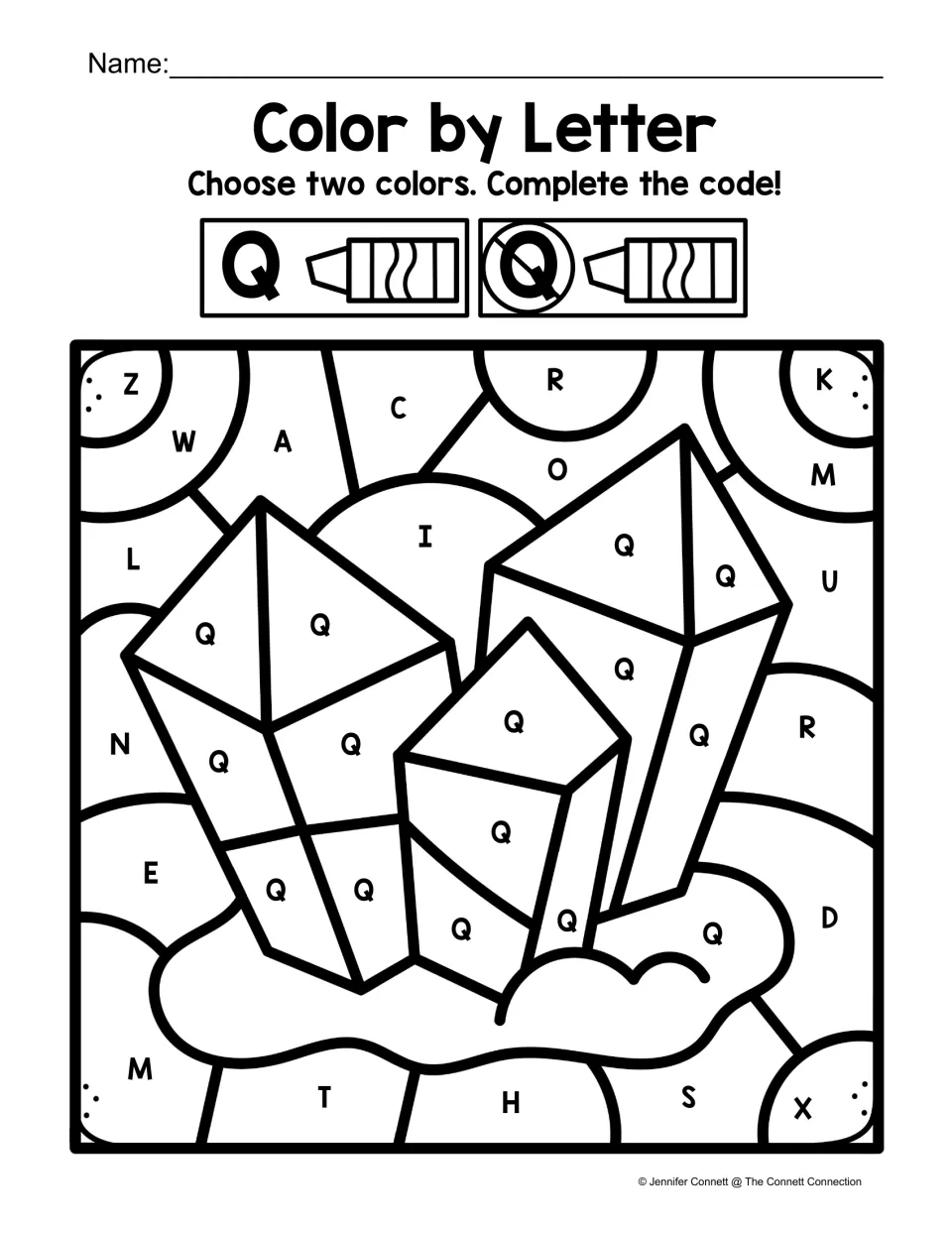Letter Q color-by-code worksheet featuring crystals, with uppercase Q inside and other letters around them