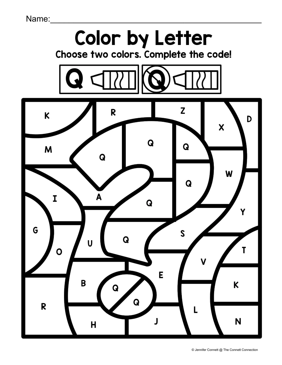Letter Q color-by-code worksheet featuring a question mark, with Q sections to distinguish from other letters