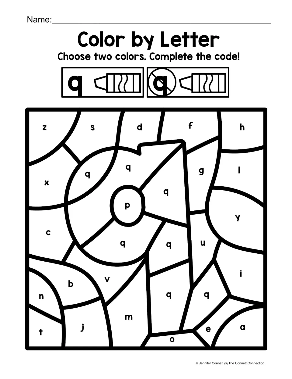 Lowercase q color-by-code worksheet featuring a large q, using separate colors for q and other lowercase letters