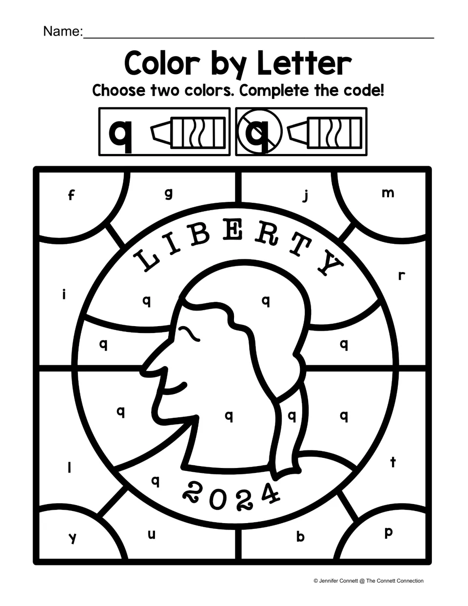 Letter Q color-by-code worksheet featuring a quarter labeled LIBERTY and 2024, with lowercase q on the coin