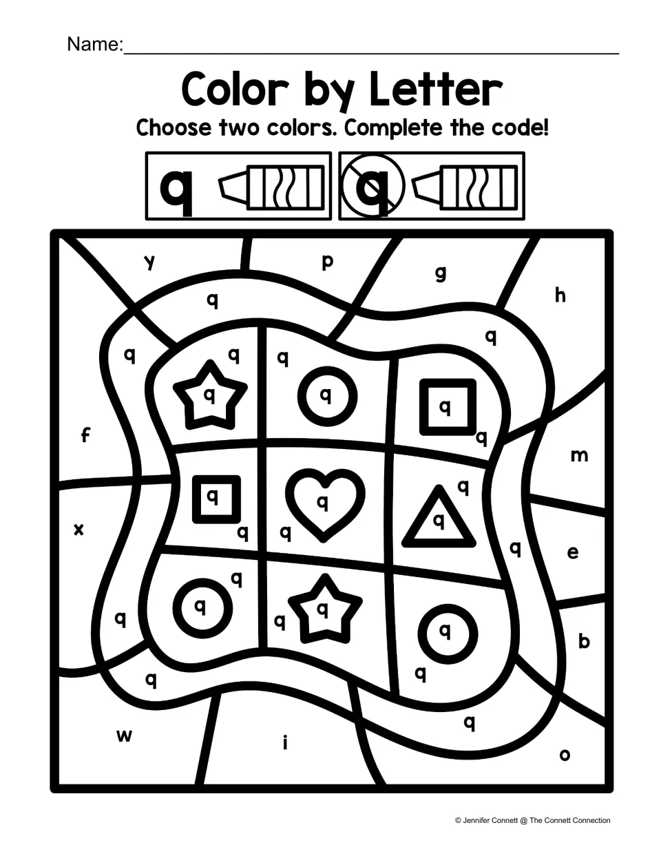 Letter Q color-by-code worksheet featuring a quilt, with lowercase q marking its patches and shapes