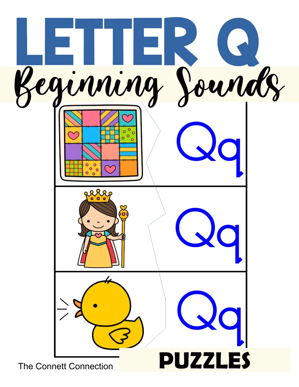 Letter Q beginning sounds cover: two-piece puzzles pairing Qq with pictures of a quilt, a queen and a quacking duck