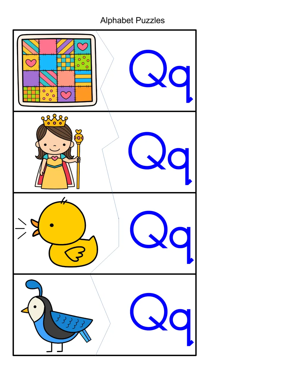 Q sound puzzles: students cut and join a picture piece to its Qq piece for a quilt, a queen, a quacking duck and a quail