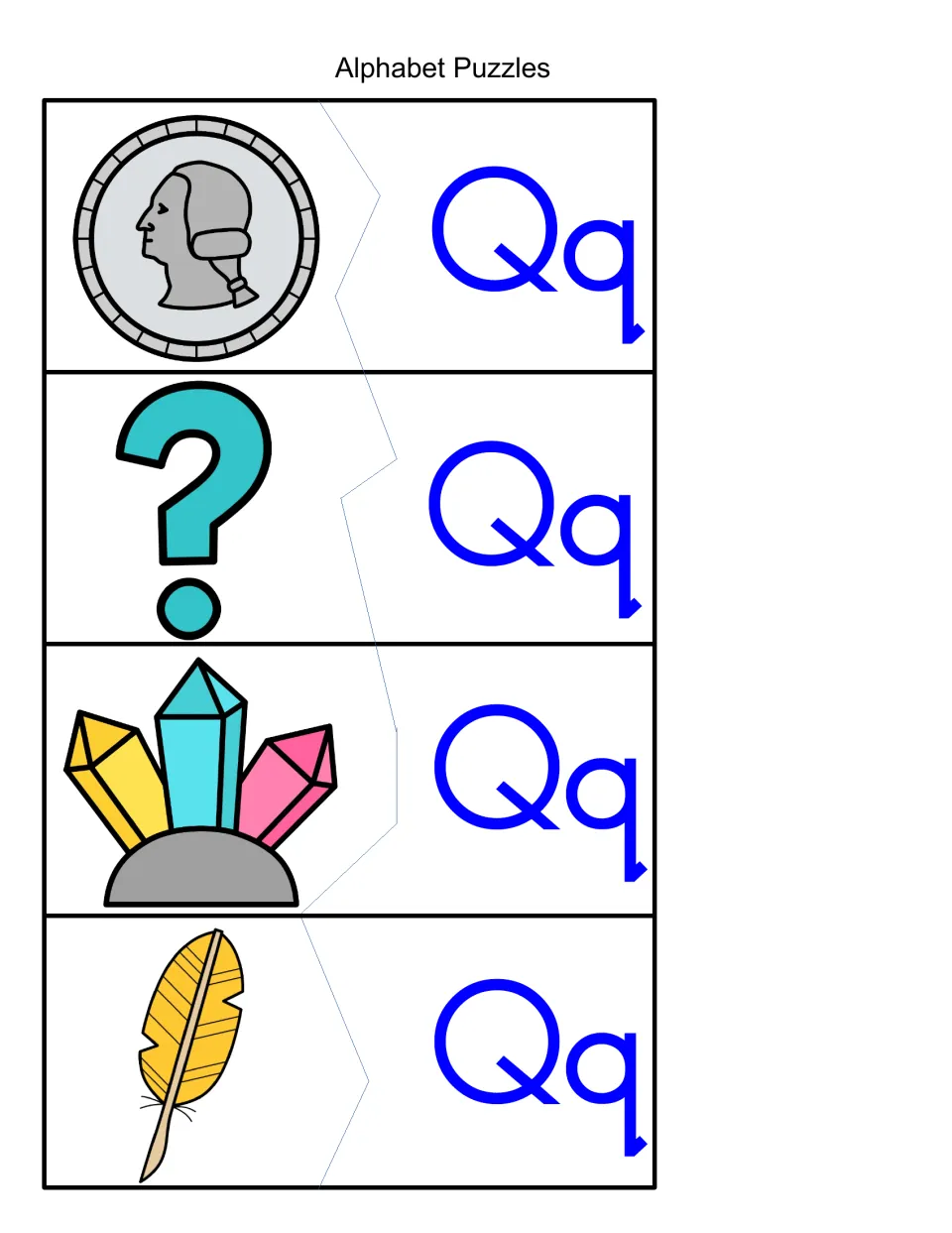 Q sound puzzles: students match each Qq piece to a picture of a quarter, a question mark, quartz crystals or a quill