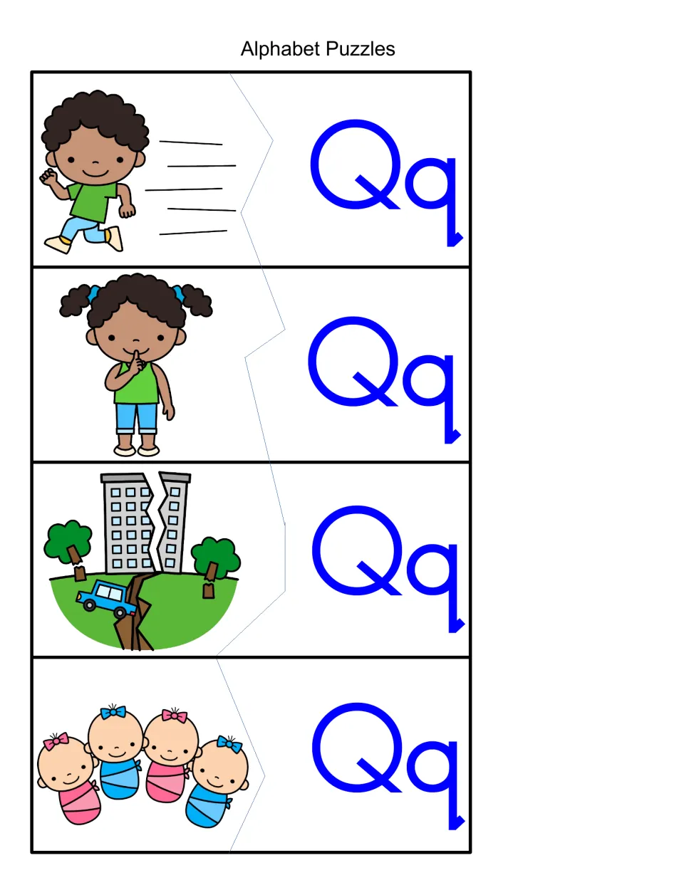 Q sound puzzles: students pair Qq with pictures of a child running quickly, a quiet child, an earthquake and four babies