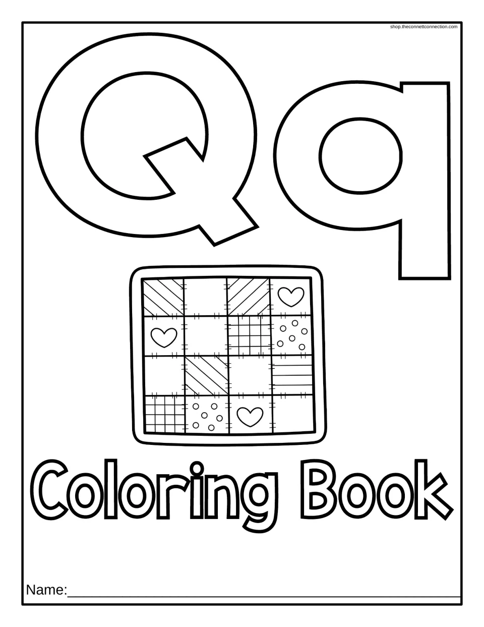 Letter Q coloring book cover featuring uppercase Q, lowercase q, a quilt to color, and a name space